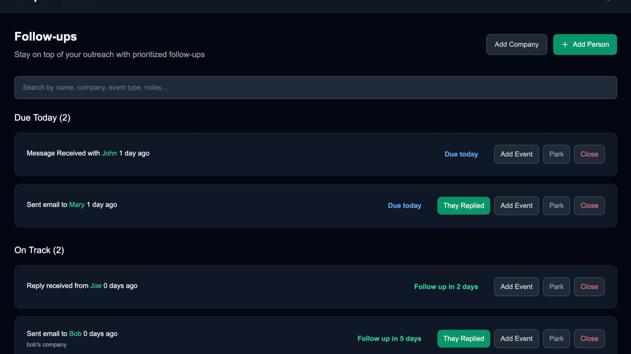 Tempo follow-ups view showing prioritised outreach tasks