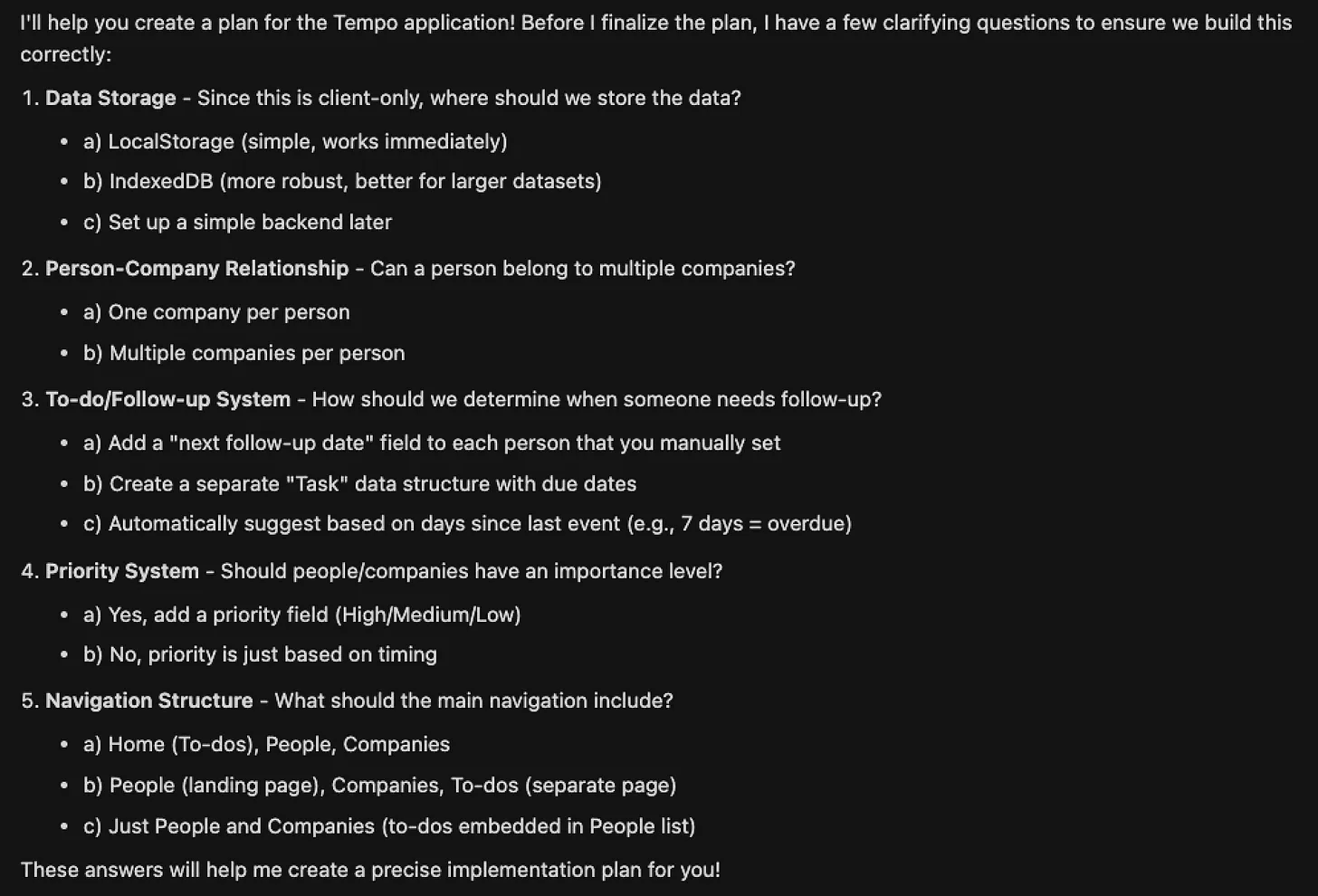 Cursor agent asking clarifying questions about data storage, relationships, and navigation