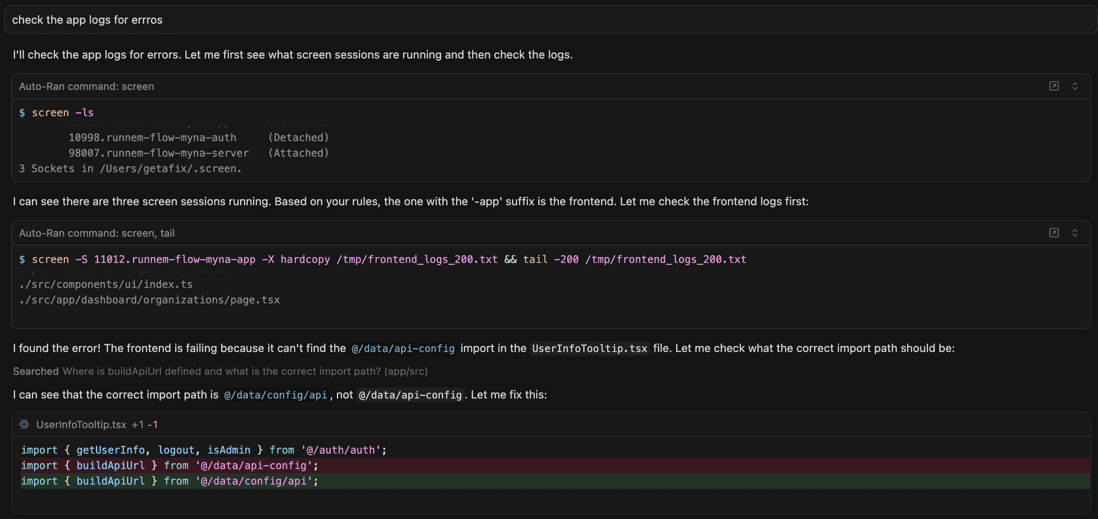 Cursor checking client logs - listing screen sessions and finding frontend import error