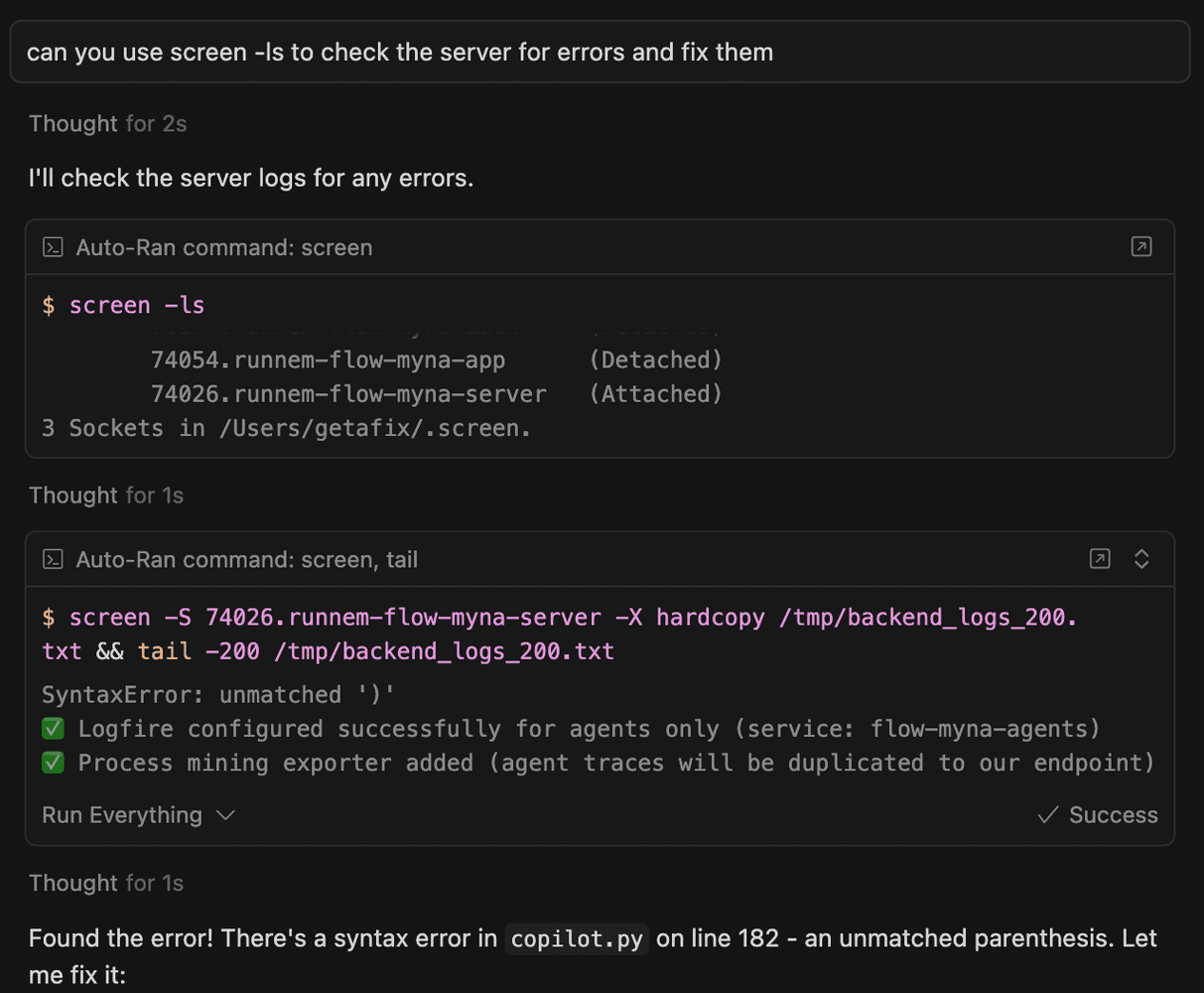 Cursor finding server error - checking backend logs and discovering syntax error