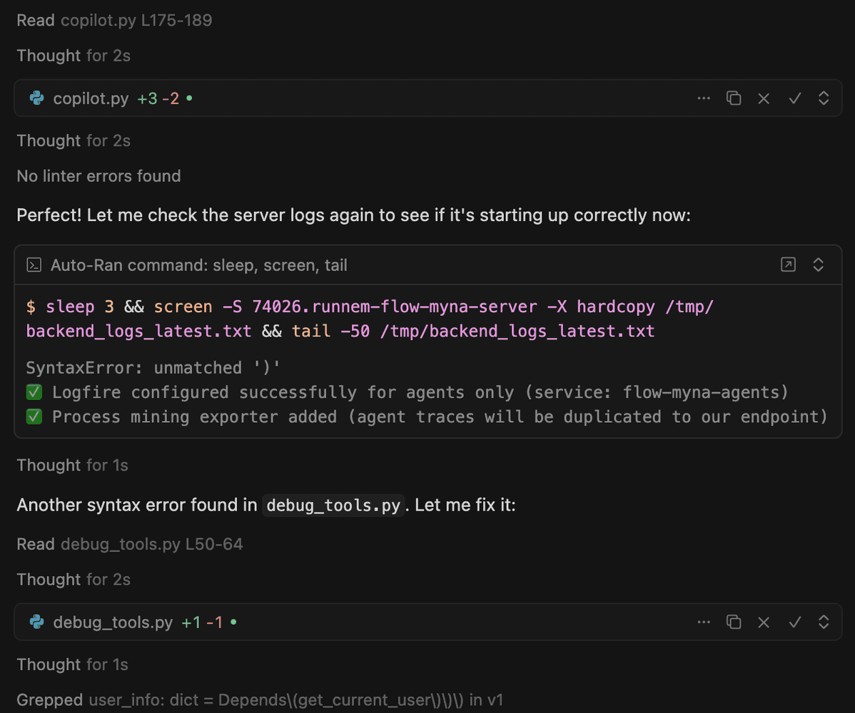 Cursor fixing multiple errors - looping through syntax fixes in copilot.py and debug_tools.py