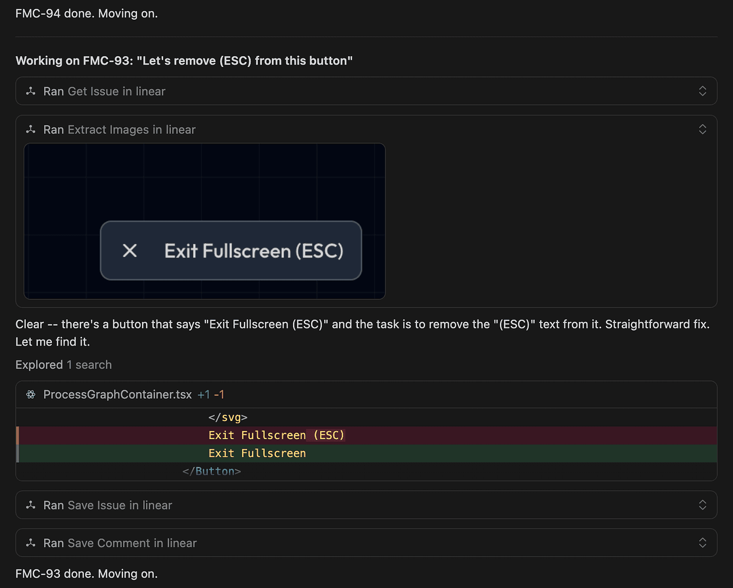 Cursor working on FMC-93: it views the ticket screenshot of the Exit Fullscreen (ESC) button and makes a one-line edit removing (ESC)