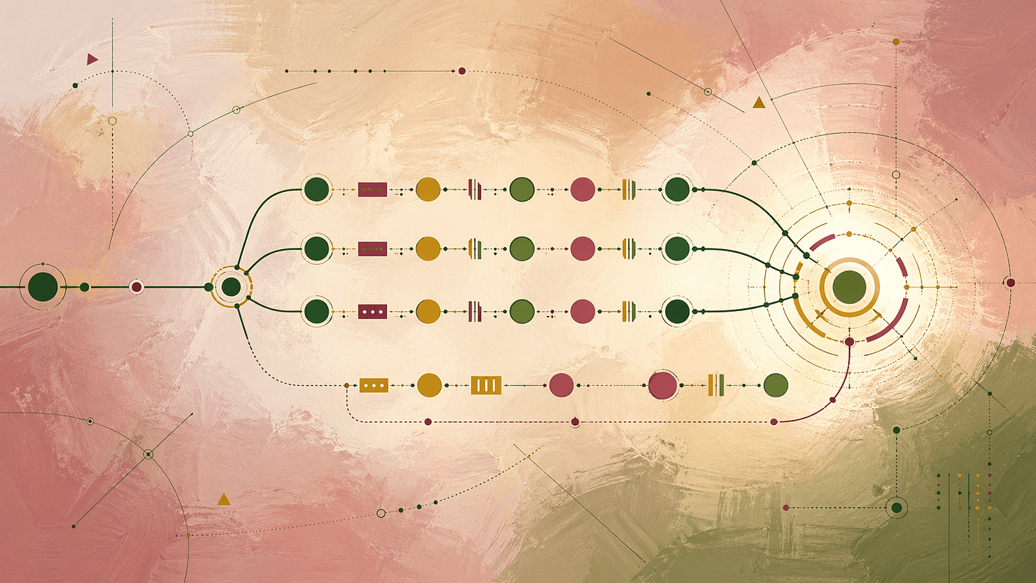 Abstract painted ground in rose, cream and olive with parallel rows of geometric nodes flowing into a glowing target