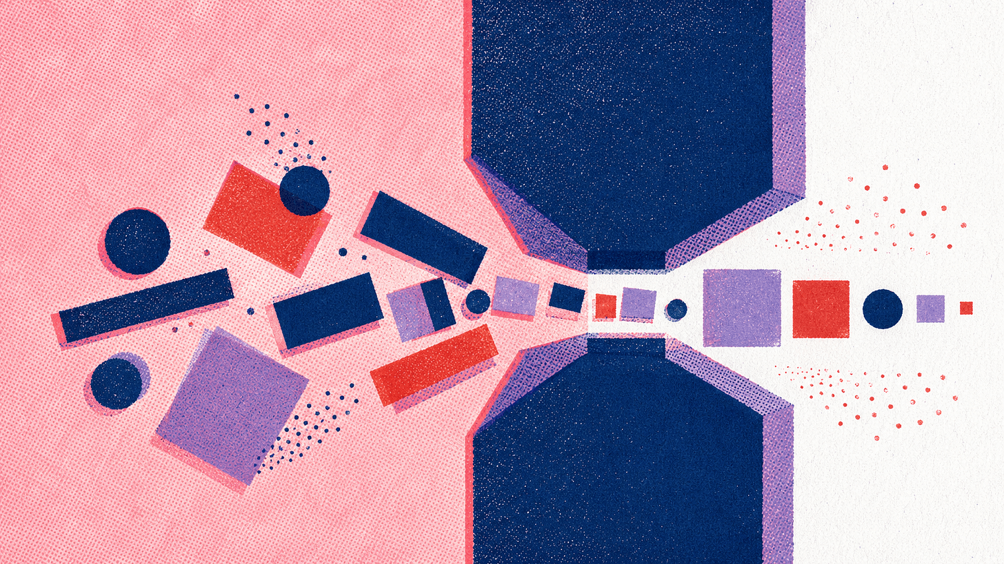 Abstract illustration of scattered geometric shapes on pink funnelling through a narrow navy gap and emerging in a neat line