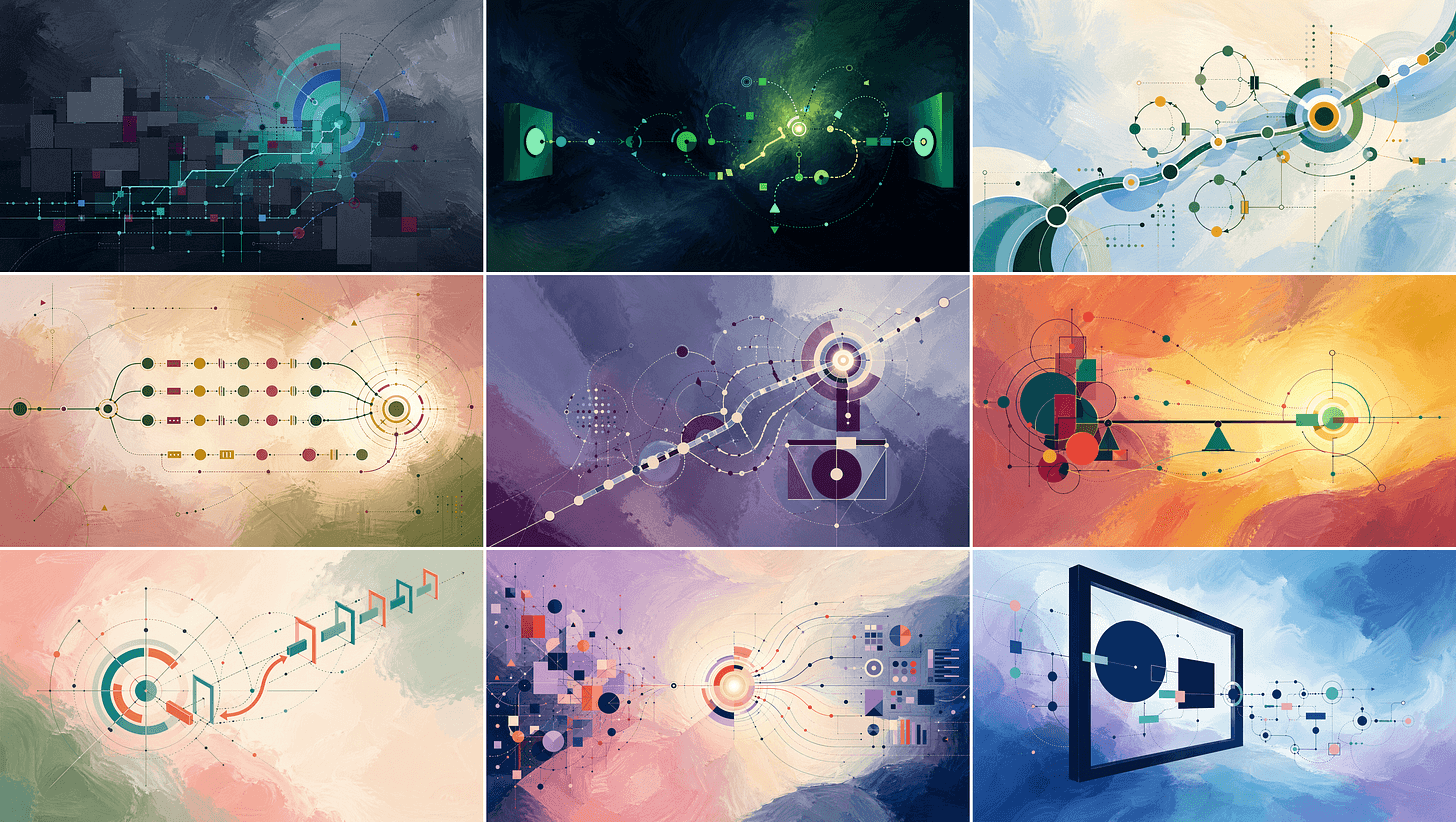 A grid of nine new Flow Myna hero images sharing one visual system with different palettes and compositions