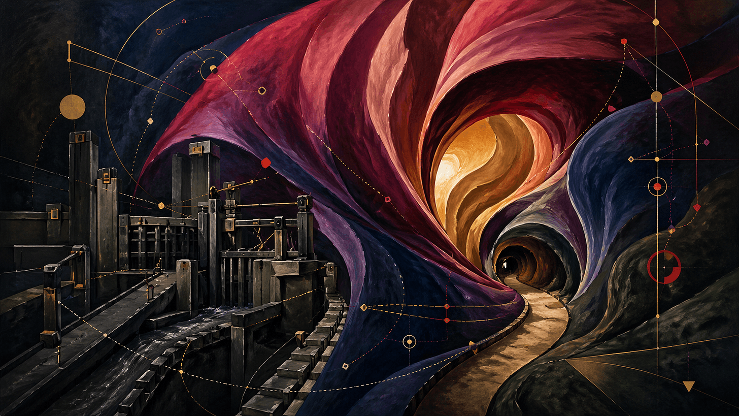 A dark, moody generated image of swirling crimson and violet planes over industrial sluice gates