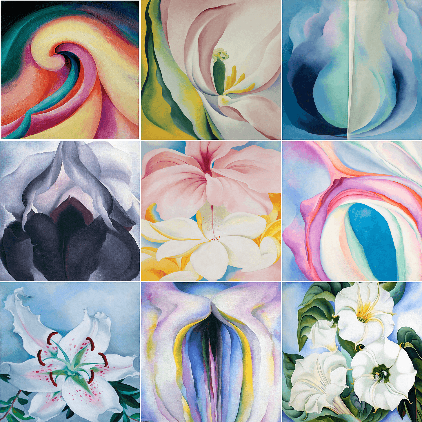 A grid of nine Georgia O’Keeffe flower paintings used as palette sources