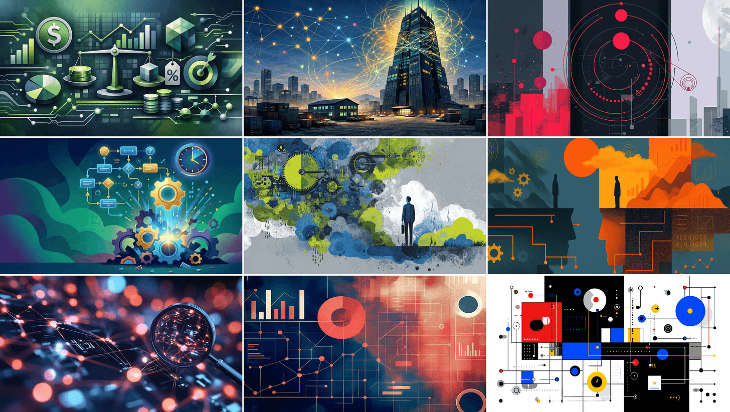 A grid of nine earlier Flow Myna hero images in clashing styles