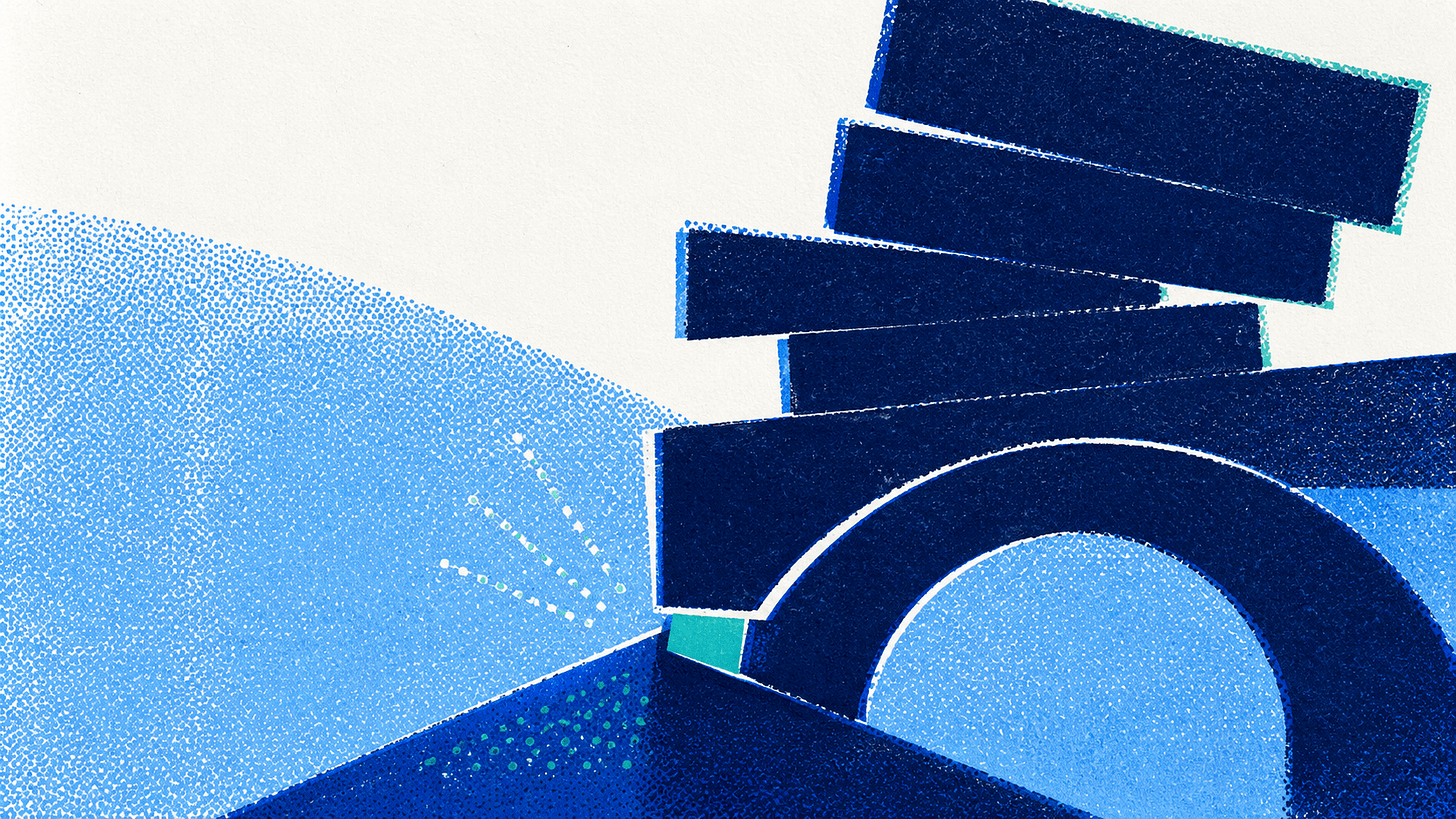 Abstract illustration of navy slabs stacked unevenly on an arch over a blue painted ground