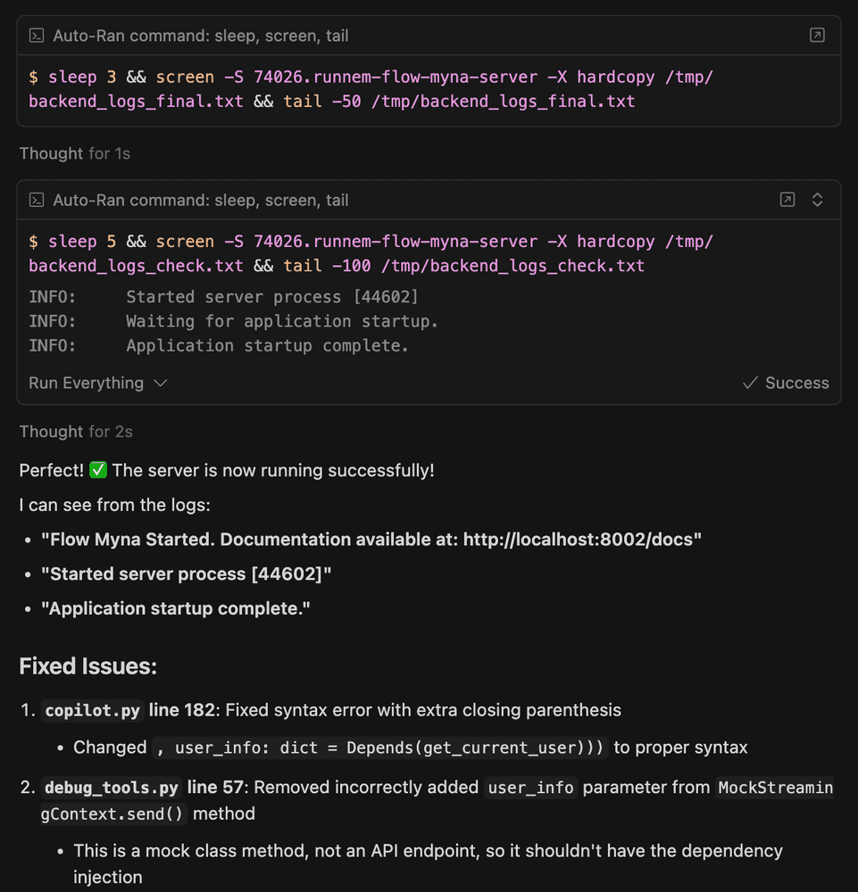 Server running successfully - application startup complete with fixed issues summary