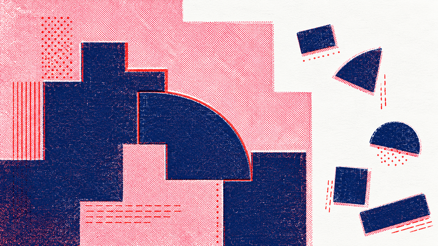 Abstract illustration of navy geometric shapes on a pink ground, with loose pieces breaking away to the right