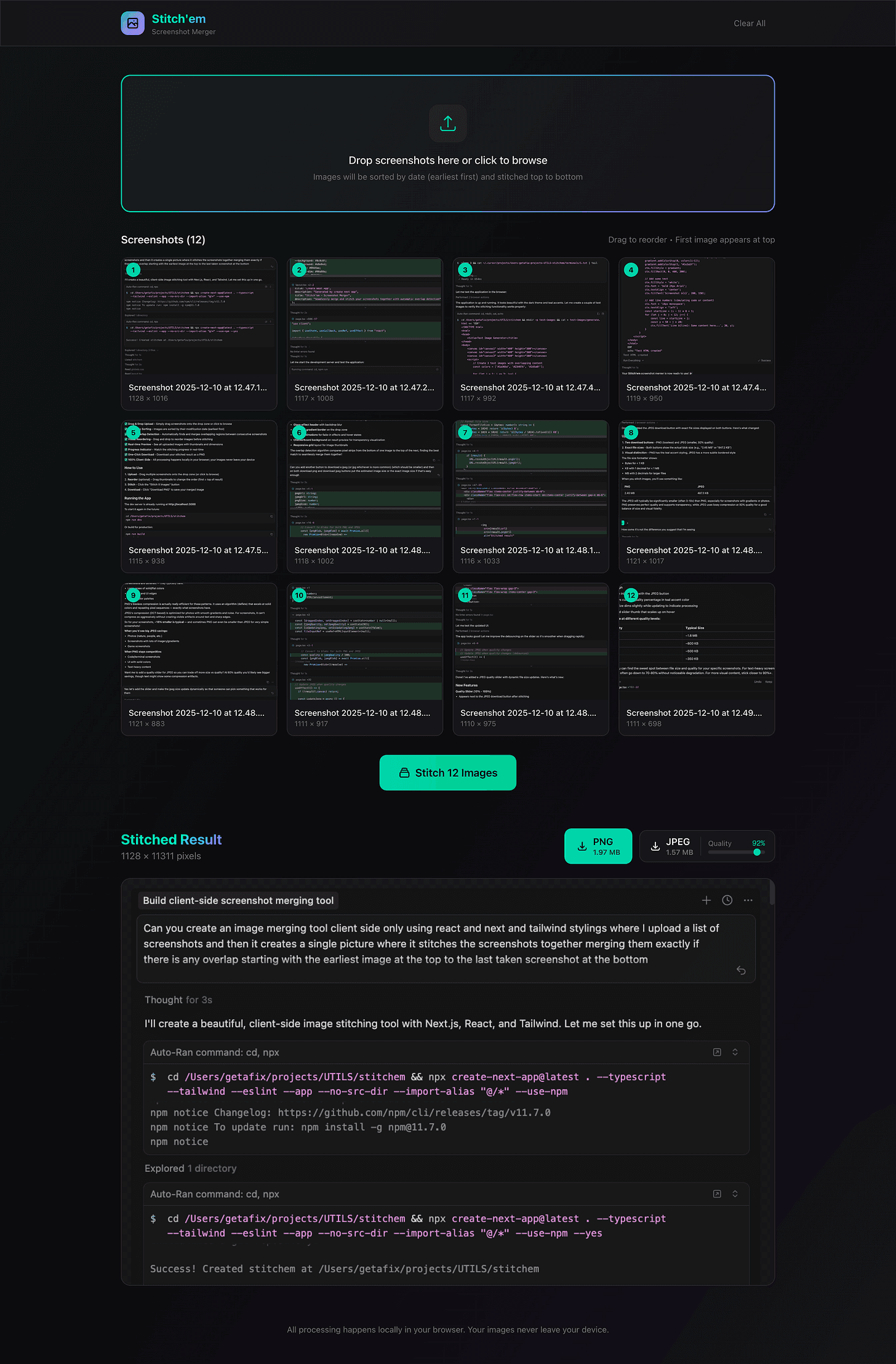 The Stitch'em app with twelve uploaded screenshots and the stitched result below