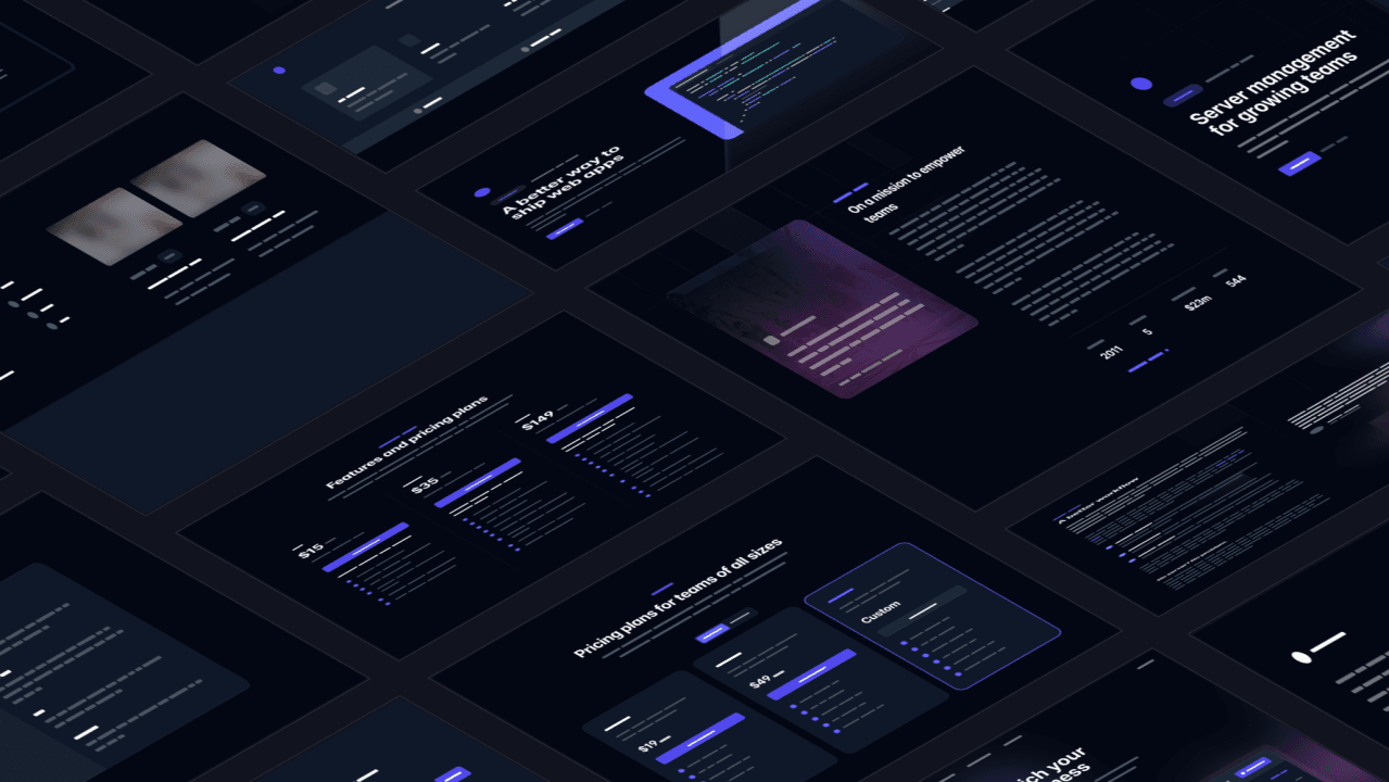 A collection of dark-themed web template designs showing various layouts and components