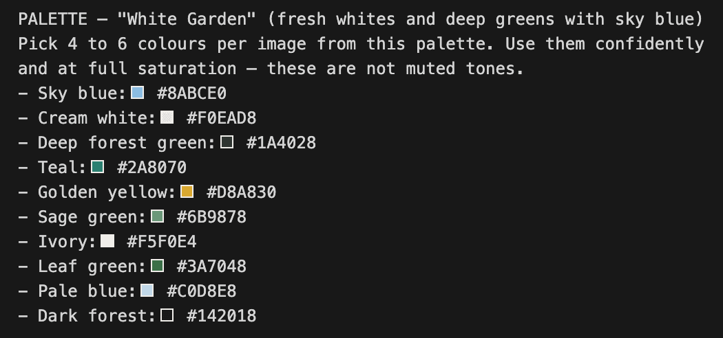The “White Garden” palette block from one prompt variant, listing ten colours with hex values